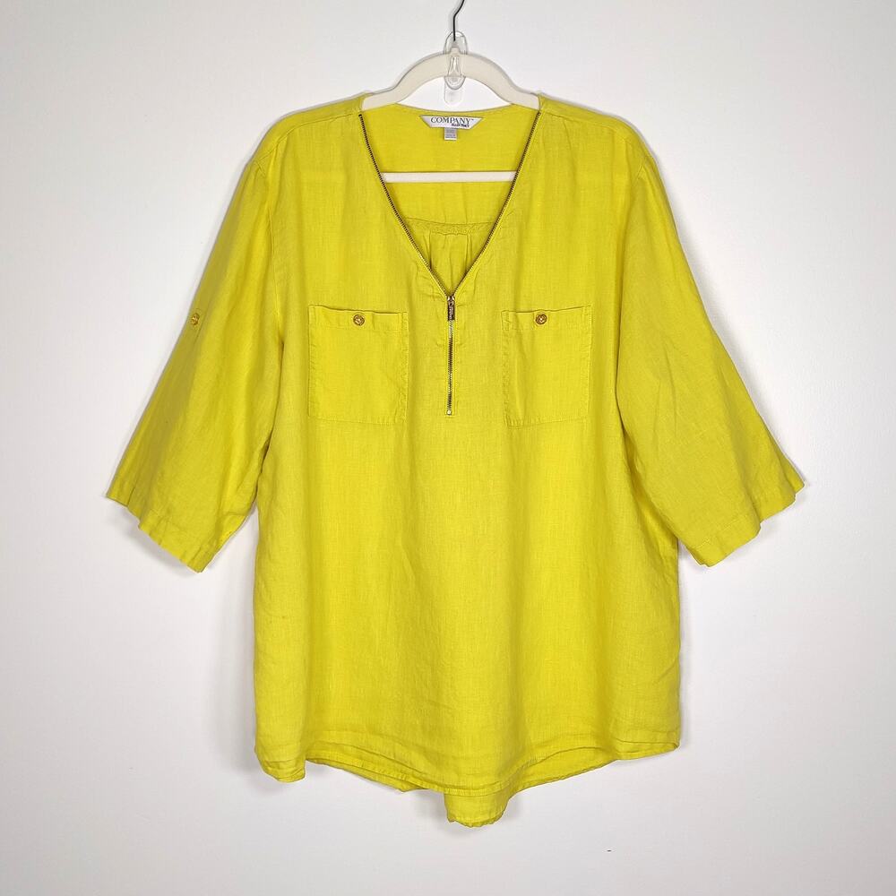 Company Ellen Tracy Linen Tunic Top Limeade‎ Zip Front Roll Tab XXL